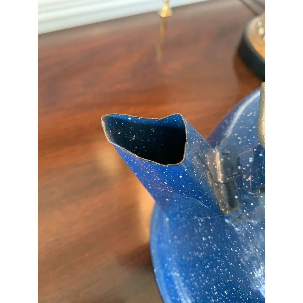Vintage Blue Speckled Enamelware Tea Kettle ~ Lid and Metal Wire Handle~ Rustic